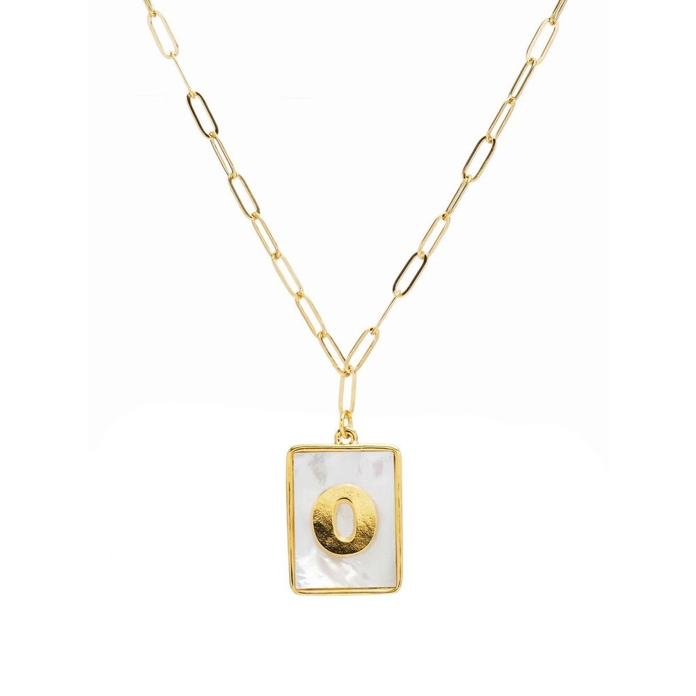 Gold O Rectangle Pendant Paperclip Necklace with Mother-of-Pearl by Mayamar